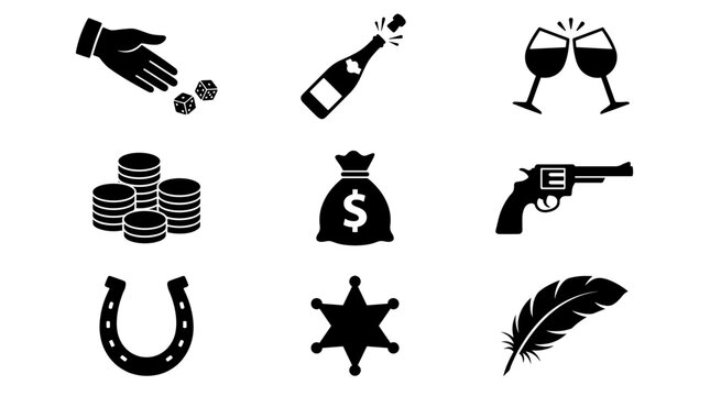 Las Vegas vector logo collection featuring luxury and wild west icons including champagne, money bag, revolver gun, sheriff star, horseshoe, and tossing coins silhouette.