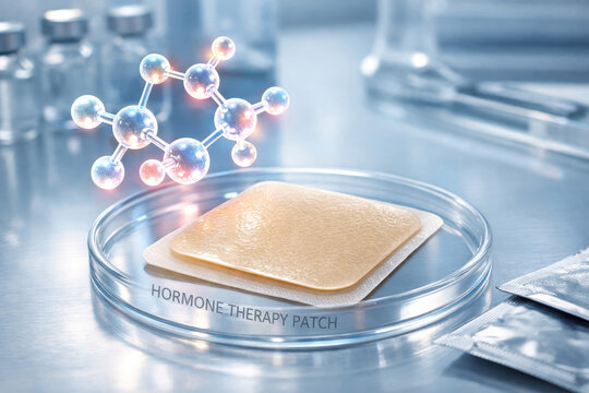 Hologram hormone therapy patch hrt medical concept glowing molecule futuristic science healthcare technology innovation illustration on stainless laboratory background