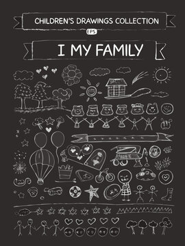 Children s drawings collection featuring family balloons and playful doodles