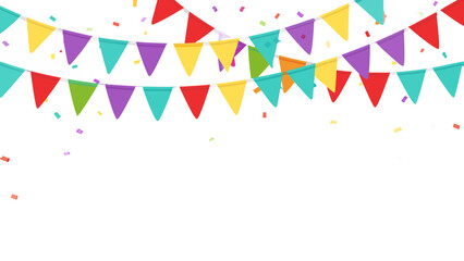 Colorful pennant banners and confetti against a black background