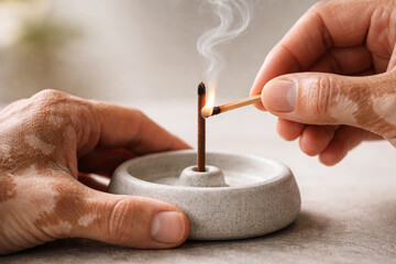 Hands with vitiligo lighting incense stick with match for aromatherapy