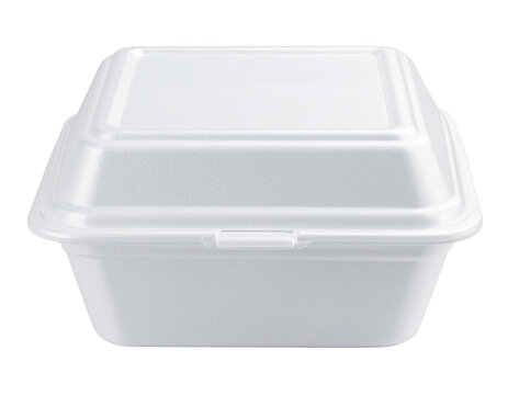 White styrofoam takeaway food container mockup, closed clam shell box. Isolated on transparent background