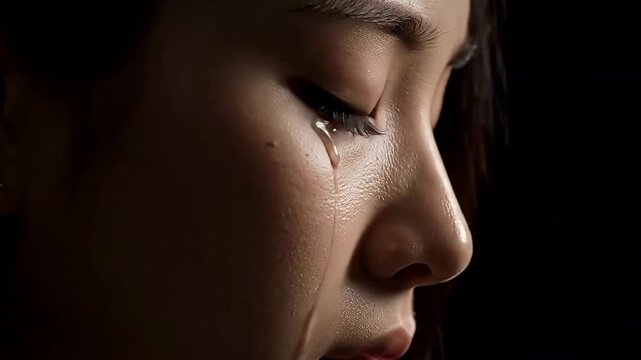 Close up of sad asian woman crying with tear rolling down cheek in dark studio for emotional mental health concepts