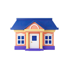Stylized colorful cartoon house with blue roof and yellow columns, isolated on black