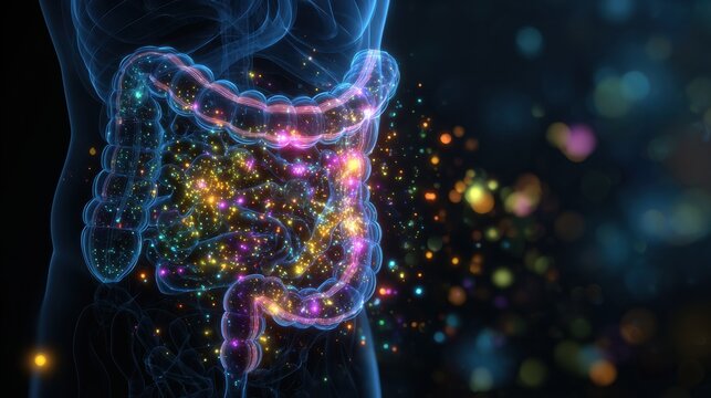 Visual Representation of the Digestive System Emphasizing Gut Health With Colorful Microbiome Features and Transparent Anatomy
