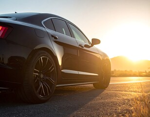 Obraz premium A sleek black car parked on an empty road at sunset
