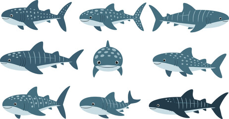Obraz premium Whale Shark Vector Set with Multiple Swimming Views and Detailed Patterns for Marine Wildlife Education Ocean Biology and Aquatic Illustration Design Projects