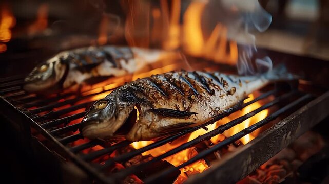 Grilling fresh whole fish over open fire flames and hot coals