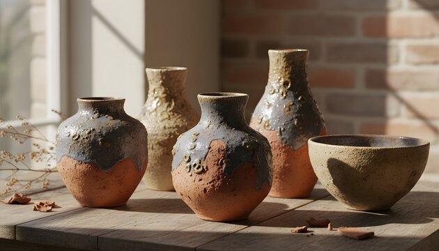 Textured handmade ceramic vases with rough, bumpy surfaces and glossy glaze in natural clay colors, earthy tones for rustic interior decor