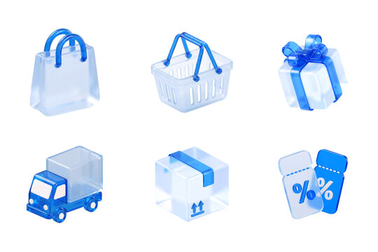 3D Blue Glass Shopping and Delivery Icon Set (E-commerce)