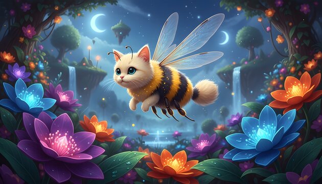 Whimsical hybrid creature: a fluffy half-cat, half-bumblebee hovering over giant blossoms in a magical fantasy garden scene
