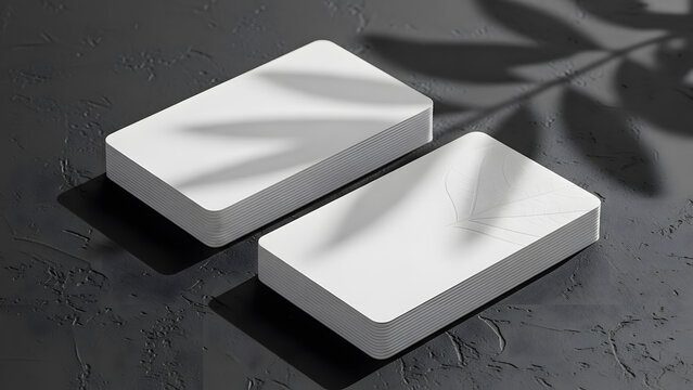 Pair of blank rounded corner stacked business cards featuring natural shadow overlay on dark gray concrete surface