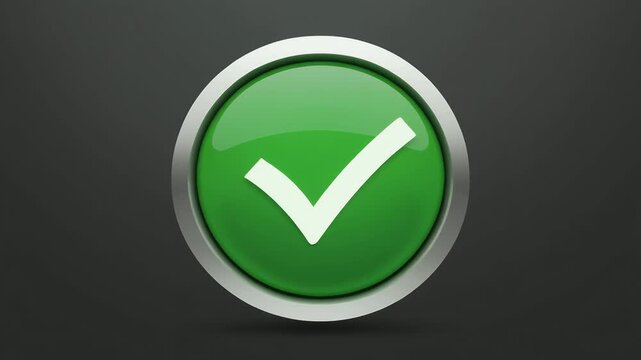 A glossy green button with a white checkmark, centered