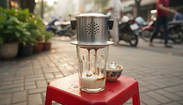 Close-up of Vietnamese phin coffee brewing into a glass over condensed milk on a small plastic table along a Hanoi sidewalk