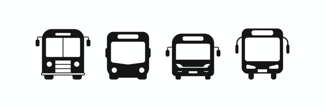 Front view bus icon set in solid black style. Minimalist public transport and city transit vector symbols isolated on white background