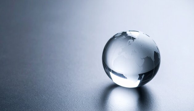 A clear glass globe representing the Earth rests on a reflective dark surface, illuminated by soft light.