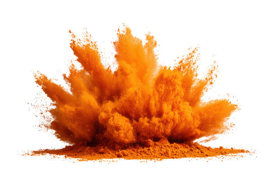 Vibrant orange powder explosion against a black background with white outline burst dust