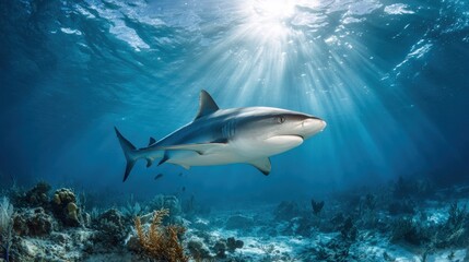Obraz premium Caribbean Reef Shark Swims Through Blue Water With Sun Rays Illuminating the Underwater Landscape