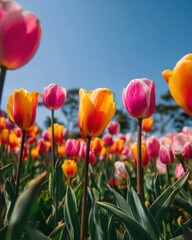 Fototapeta premium Vibrant tulips bloom under a clear blue sky flowers garden