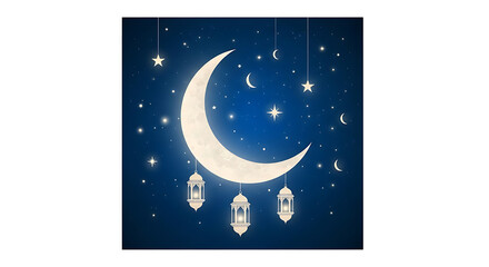 Naklejka premium Crescent moon and hanging lanterns under starry night sky isolated on transparent background