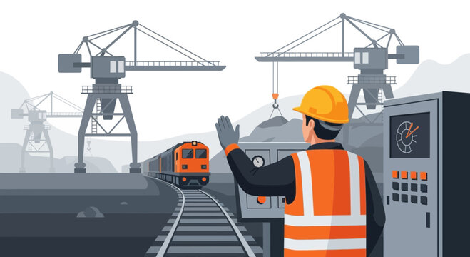 Railway worker controlling train traffic with signal