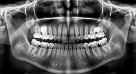 Panoramic dental x-ray showing teeth and jaw structure