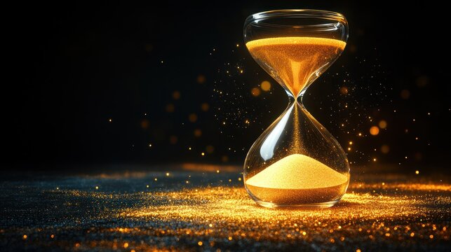 Hourglass with golden sand, dark background