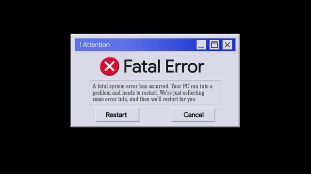 Fatal Error Message notification on computer display. Animated Windows Fatal Error Alerts for Green Screen Overlay