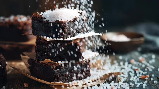 Brownies stacked on parchment paper with salt being sprinkled on top in a kitchen setting during daytime