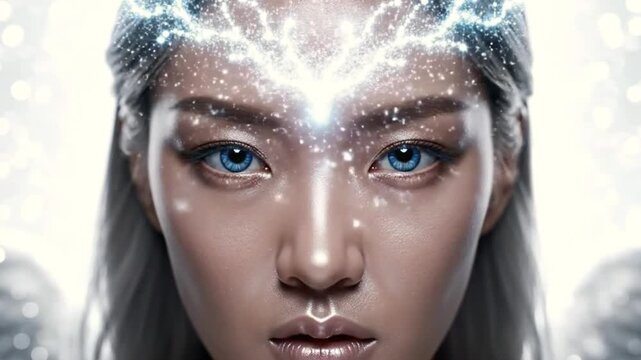 Extreme Close-up of Cyborg Female Activating Brain Power - Telepathy and Neural Network Visualization.