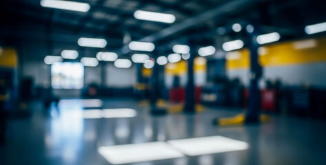 Obraz premium Blurry interior of a dark industrial garage with bright overhead lights creating dramatic contrast, industrial mood, spacious depth, soft blur textures, and modern workshop atmosphere.