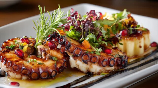 Delicious octopus dish with salad and pomegranate served on a plate in a restaurant during dinner time