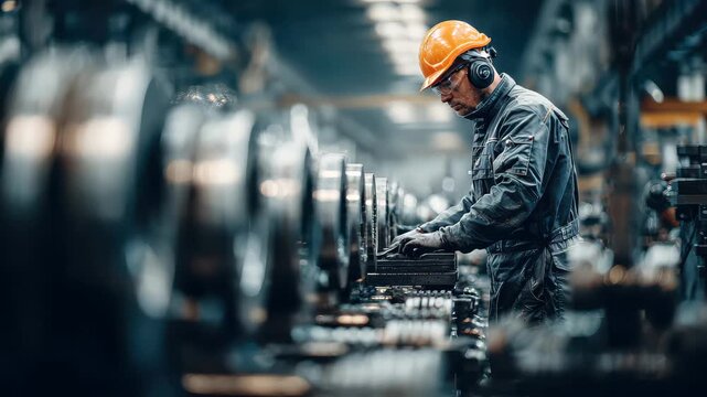 Worker at factory using machinery for production during daytime in industrial setting with equipment and tools around