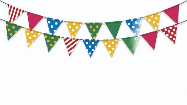 Party Bunting Flags Swaying on String Colorful Patterns Flat Design Top Frame