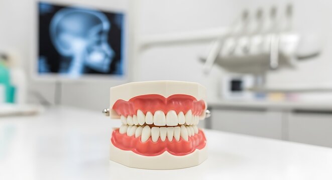 Model of human teeth and gums on a dental articulator in a clinic setting