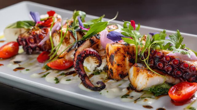 Grilled octopus served with cherry tomatoes and fresh herbs at a restaurant in the evening