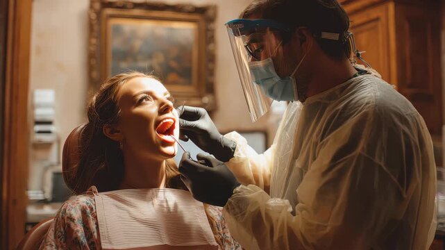Dentist helps patient in office during treatment while wearing protective equipment at a dental clinic