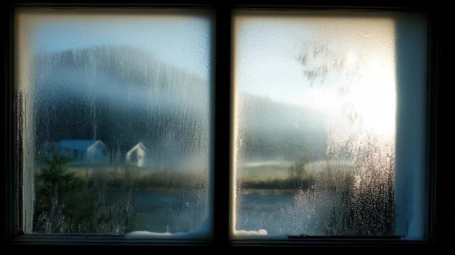 Morning fog covers fields and buildings seen through a window with condensation on the glass in a rural area
