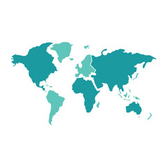 A simplified graphic illustration of the world map showing all continents in two shades of teal, representing global connections and geography.