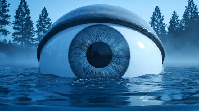 A giant human eyeball emerges from the water in a mystical forest landscape at dusk from a surrealistic viewpoint