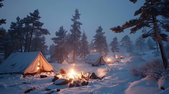 Winter Campfire Night Snow Forest Wilderness