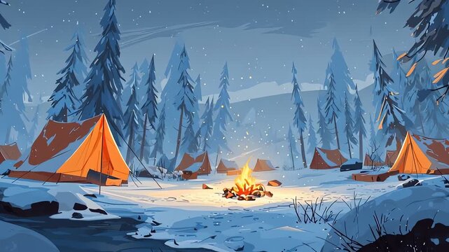 Cozy Winter Camping Scene Tents and Bonfire in Snowy Forest at Night