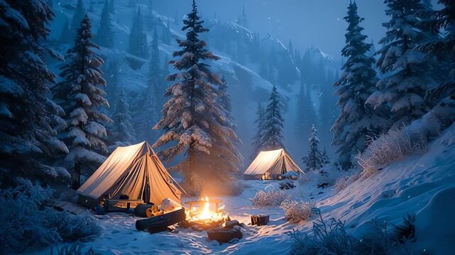 Winter Camping Adventure Fire and Tents in Snowy Forest at Night