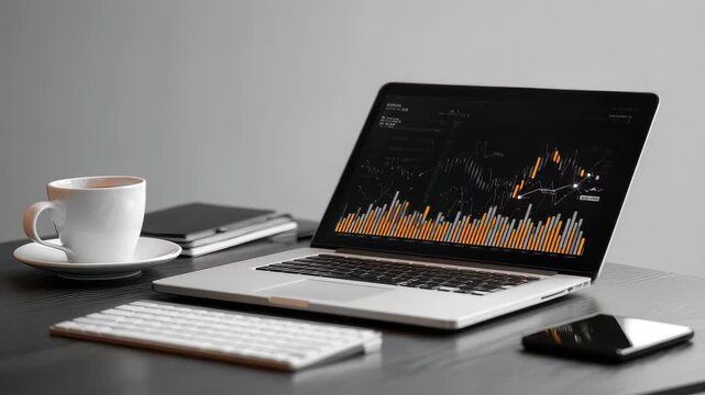 Laptop displays stock market data while coffee sits on a table next to a smartphone and notepad in a modern workspace