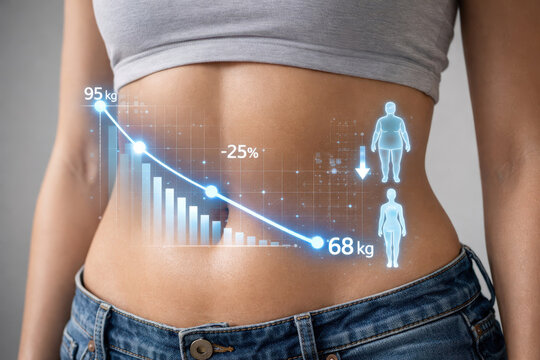 Obesity weight loss bmi waistline woman belly with jeans showing digital graph and hologram chart tracking healthy body fat reduction and motivating fitness journey
