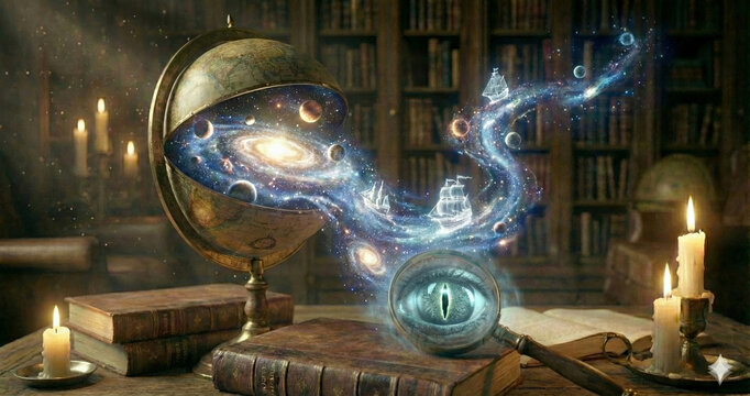 Mappamondo antico magico che rivela una galassia e velieri in una biblioteca d'epoca. Generative AI 