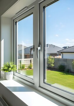 open window with open door, Modern White uPVC Double Glazed Window with View of Green Garden and Neighborhood