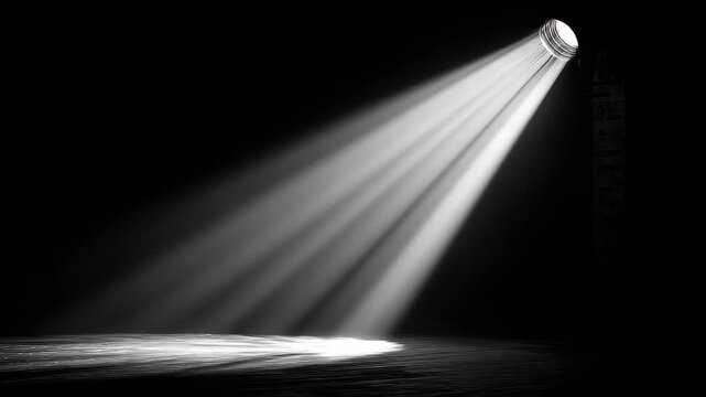 Bright light shines through a circular opening in a dark room creating strong beams of light on the floor highlighting the space