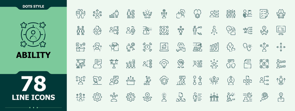 Set of Ability line icon. Contain linear sign talent, skill, solving, knowledge, ability. Thin linear style icons. Ability icon set in linear style. Editable vector art.