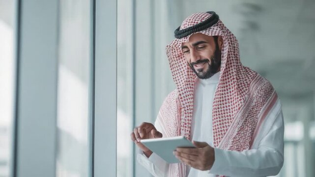 Modern Professional with Tablet: A distinguished individual, attired in traditional attire, engages with a tablet device, harmonizing heritage and modern technology.
